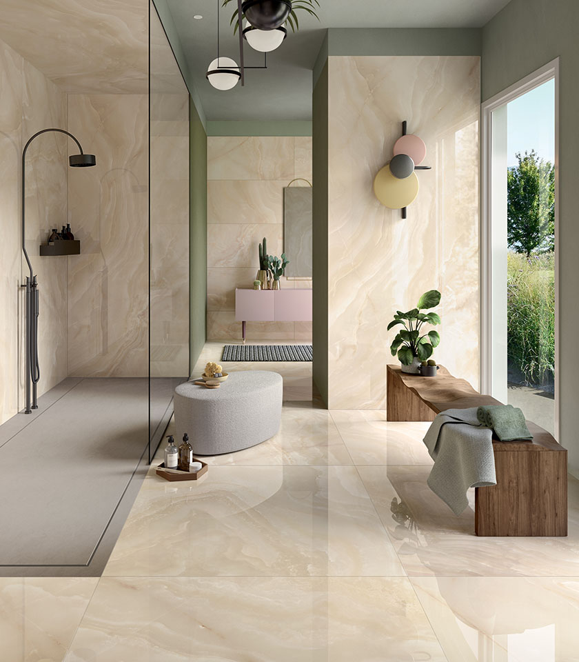 Contemporary bathroom featuring Noblesse Onyx Oyster and Pigmenti Moss by Lea Ceramiche: onyx-effect surfaces and green tones for a bright, elegant and relaxing interior.