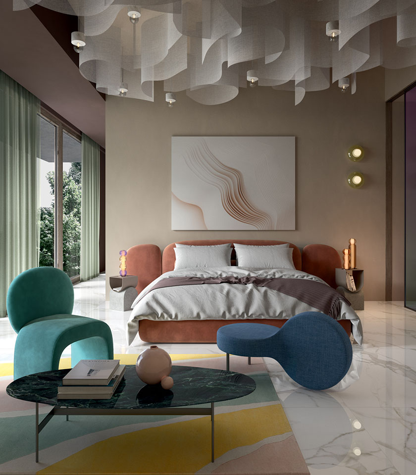 Contemporary bedroom with marble-effect surfaces, designer furniture and refined details for an elegant and sophisticated interior.