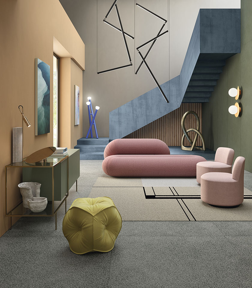 Contemporary living room with textured surfaces, soft colours and sculptural furniture.