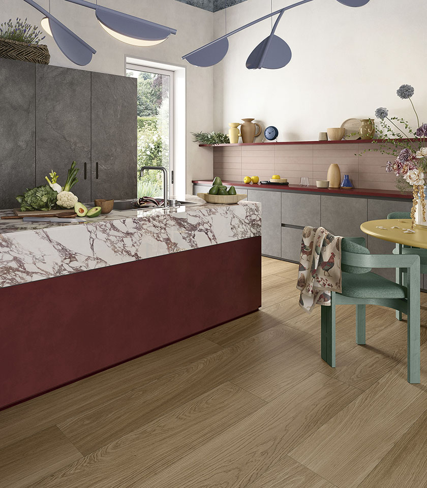 Contemporary kitchen featuring Bio Charme, Noblesse, Pulse and Pigmenti by Lea Ceramiche: ceramic surfaces combining wood, marble, tactile textures and colour.