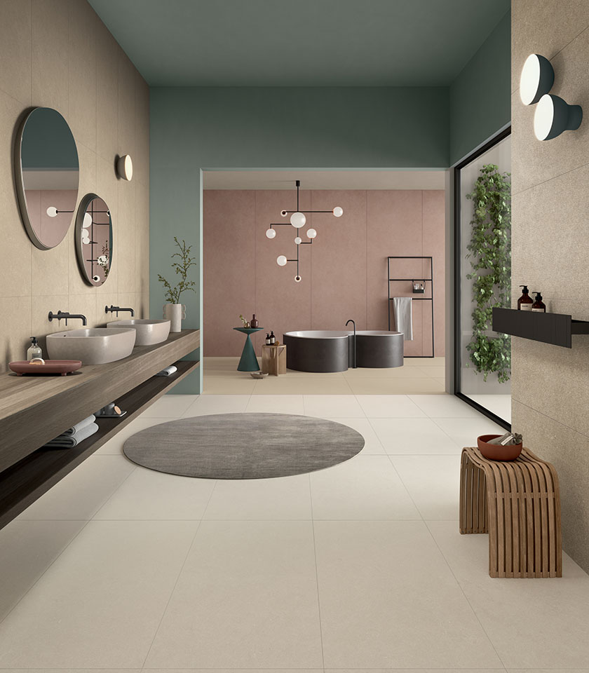 Intense Clair Beige defines a bright, refined bathroom, where neutral ceramic surfaces and delicate colour accents create an elegant and contemporary atmosphere.