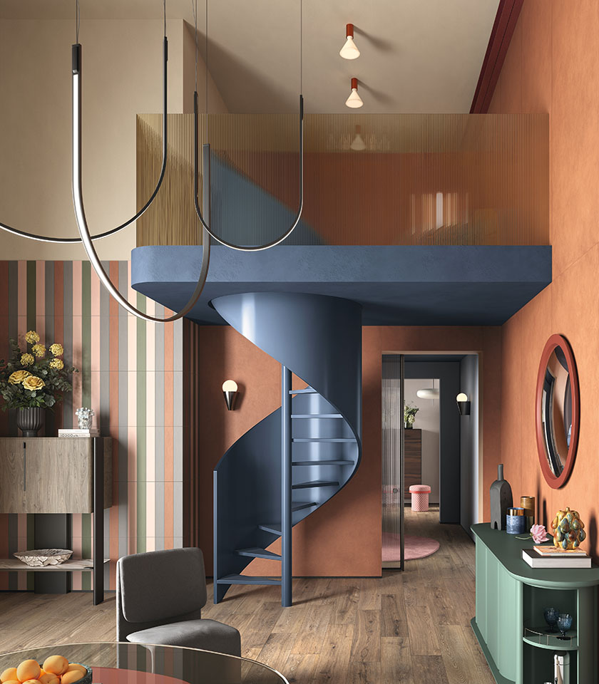 Bio Attitude Cortex defines a warm, dynamic living space, where the charm of wood-effect ceramics meets colourful surfaces and graphic details with a contemporary character.