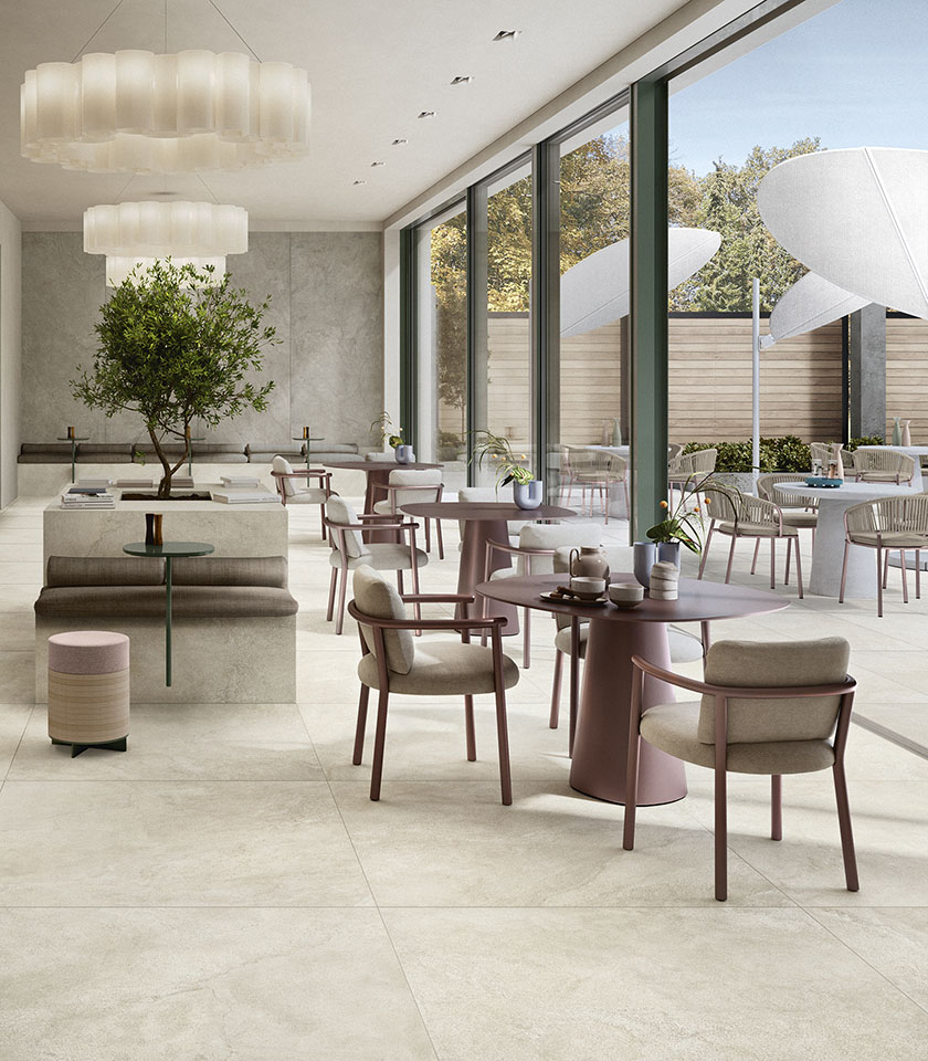 Pulse Shell creates a bright, refined setting, where stone-effect ceramic surfaces define elegant continuity between indoor and outdoor spaces.