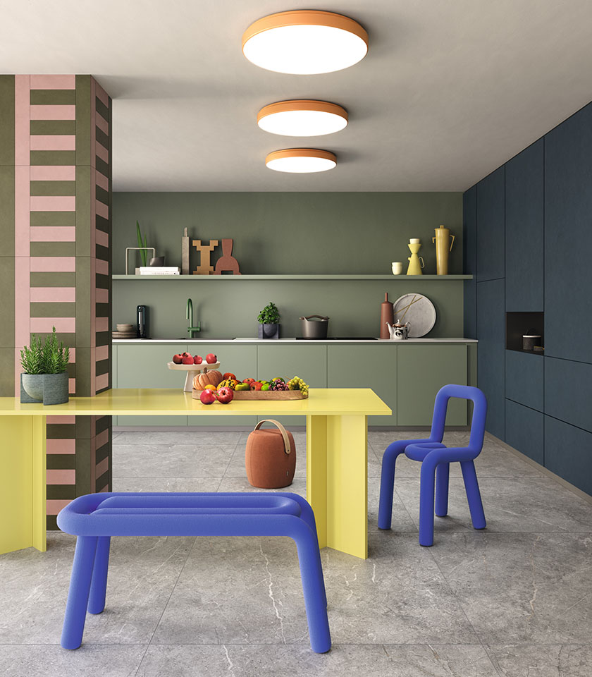Contemporary colorful kitchen with flooring from the Anthology collection in Gray stone effect and coverings from the Pigmenti collection in Ocean, Mauve and Moss shades.