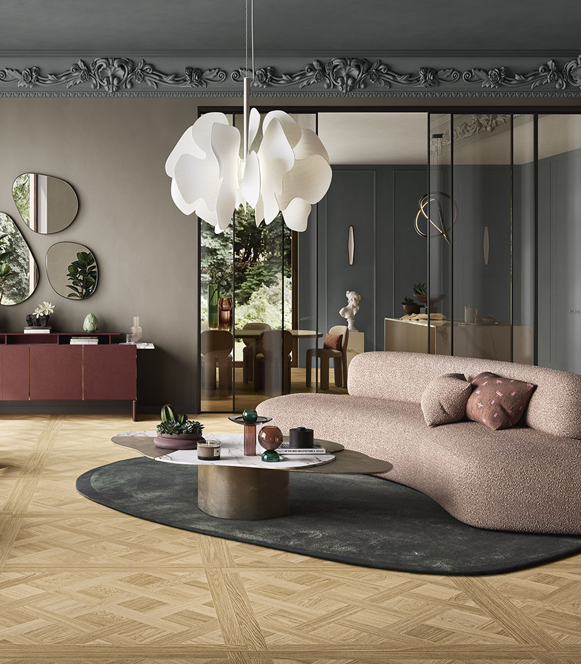 Discover ideas for a modern, refined living room with Lea Ceramiche porcelain stoneware surfaces, combining distinctive design and high performance.