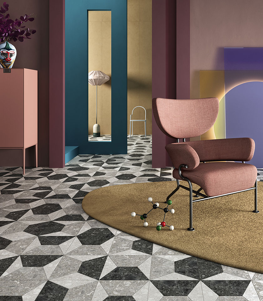 Sidestone Mosaic Omega gives the living space a strong graphic character, with stone-effect geometries paired with the warm, sophisticated tones of Pigmenti Harvest.