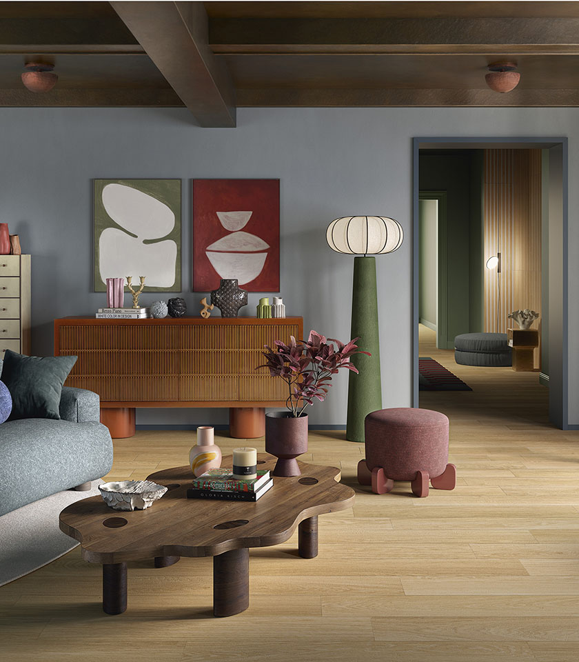Bio Charme Golden brings the warmth of oak into the living area with a bright, natural-looking ceramic surface, ideal for welcoming, elegant and contemporary interiors.