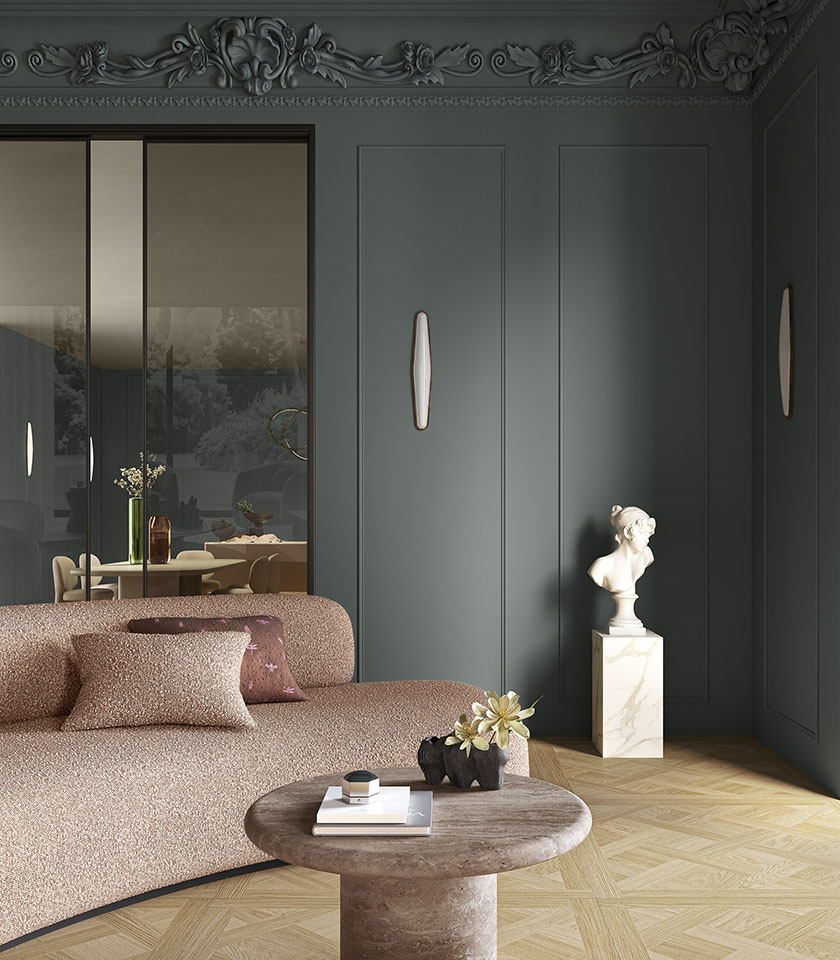 Contemporary living room with flooring from the Biocharme collection in a wood effect, Trama pattern, Golden shade.