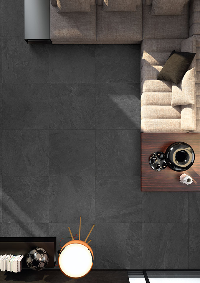 Waterfall Dark interprets the elegance of dark stone in a ceramic surface with a bold character, ideal for refined contemporary interiors.