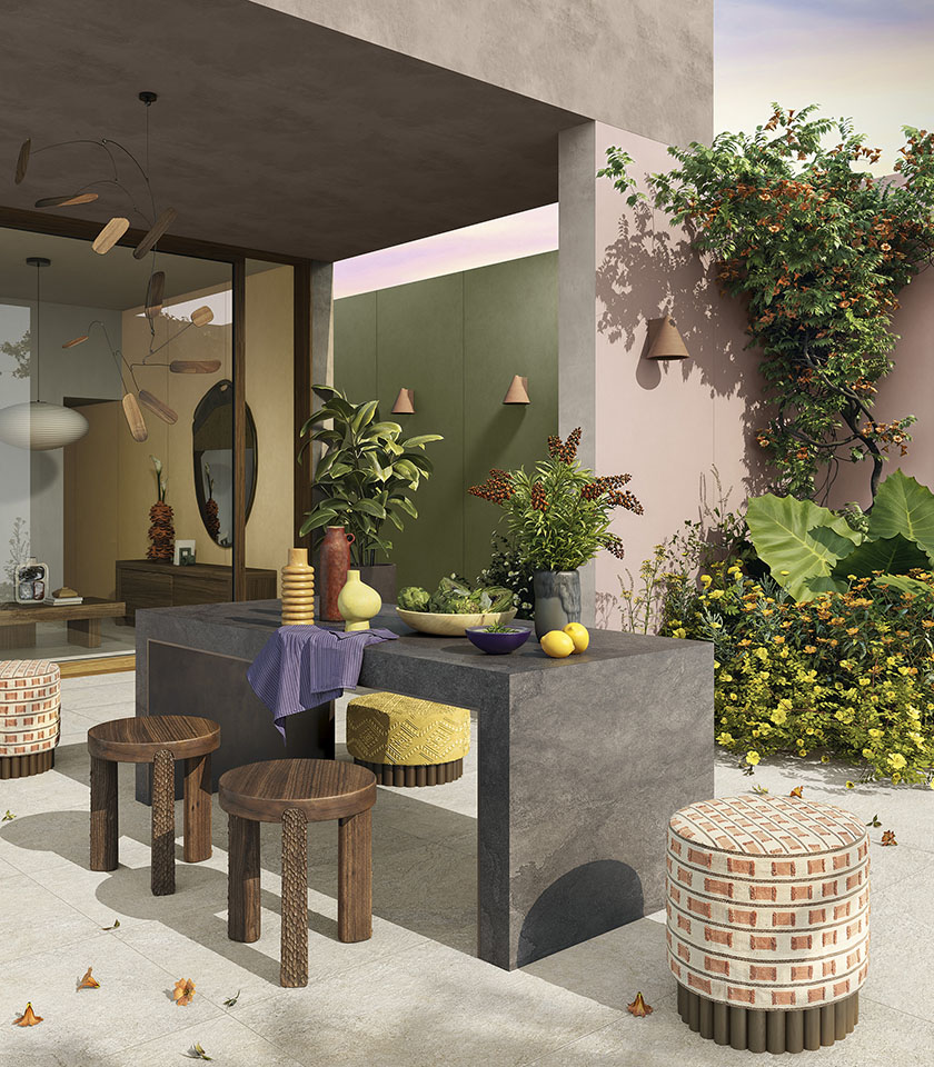 Pulse Clay defines a warm, tactile outdoor space, where natural-looking ceramic surfaces interact with soft tones and contemporary colour accents.