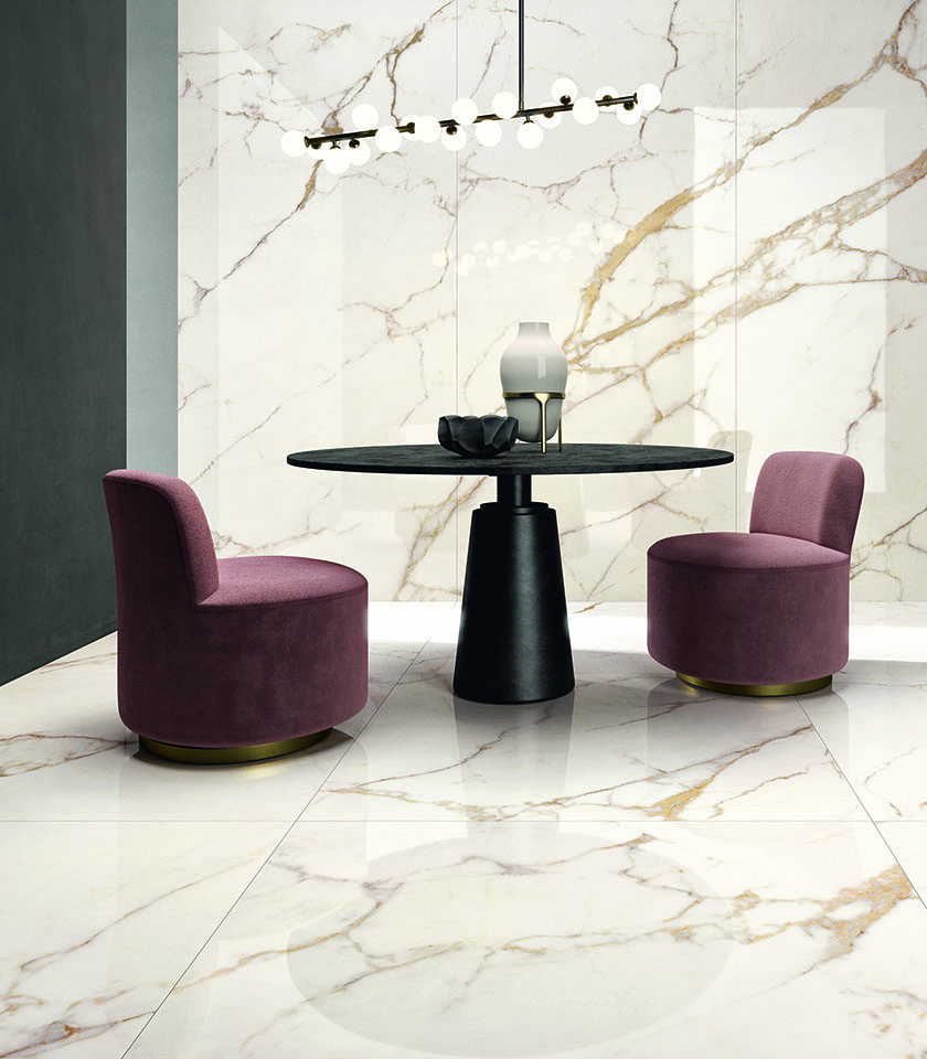 Contemporary dining area with Calacatta marble-effect porcelain stoneware flooring and wall cladding, black table and purple armchairs.