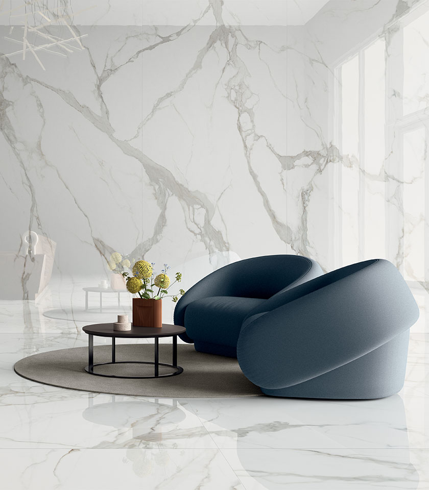 Discover modern living room ideas with Lea Ceramiche marble-effect surfaces, perfect for creating bright, elegant interiors with a striking visual impact.