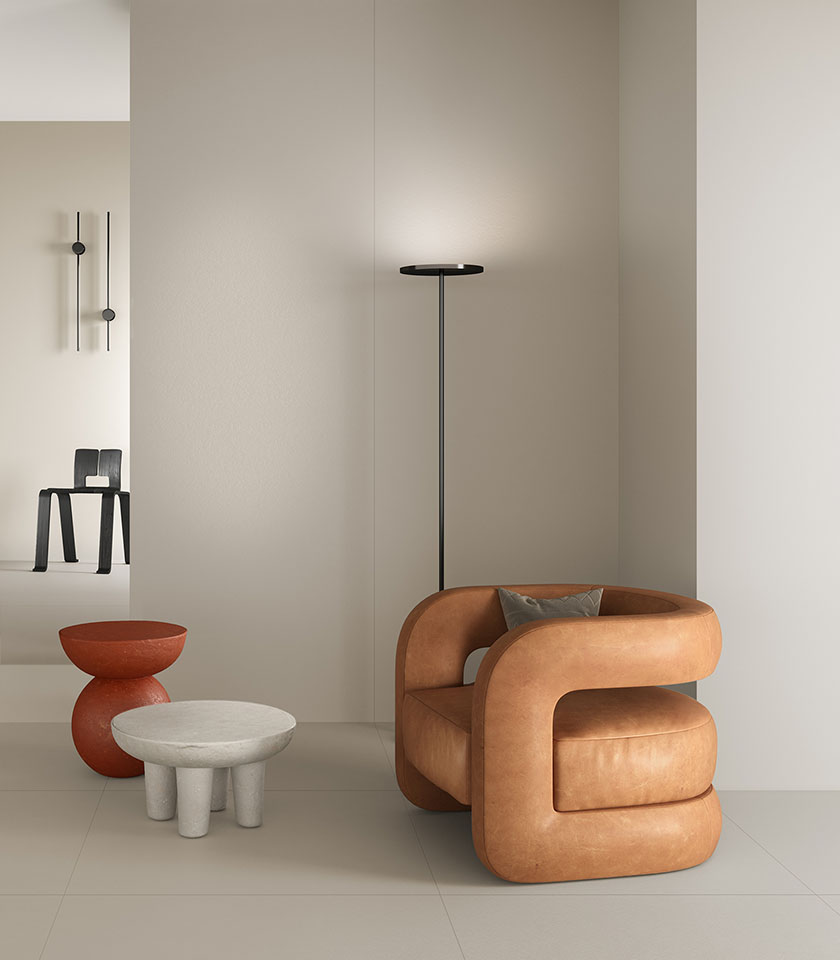 Discover ton sur ton with Lea Ceramiche surfaces in refined neutral shades, enhanced by warm accents for minimalist and contemporary interiors.