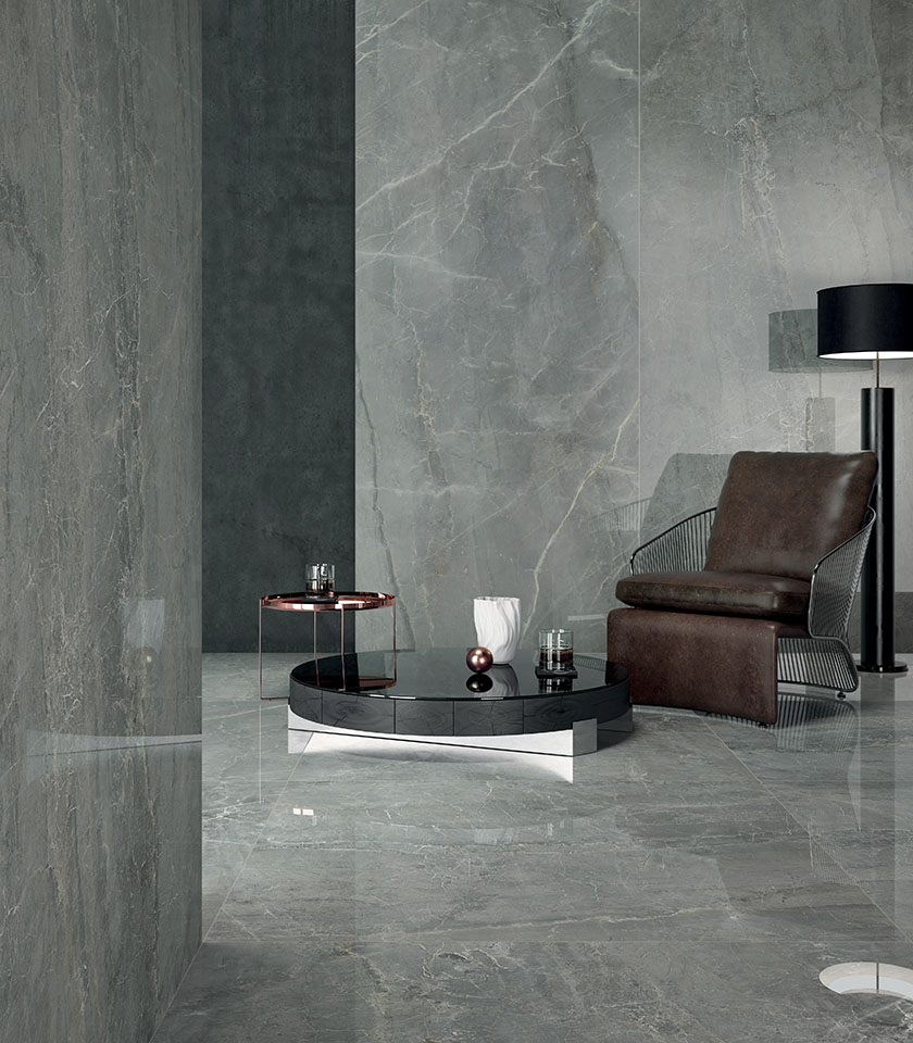 Discover ton sur ton with Lea Ceramiche marble-effect surfaces in sophisticated grey tones, creating elegant, immersive and contemporary interiors.