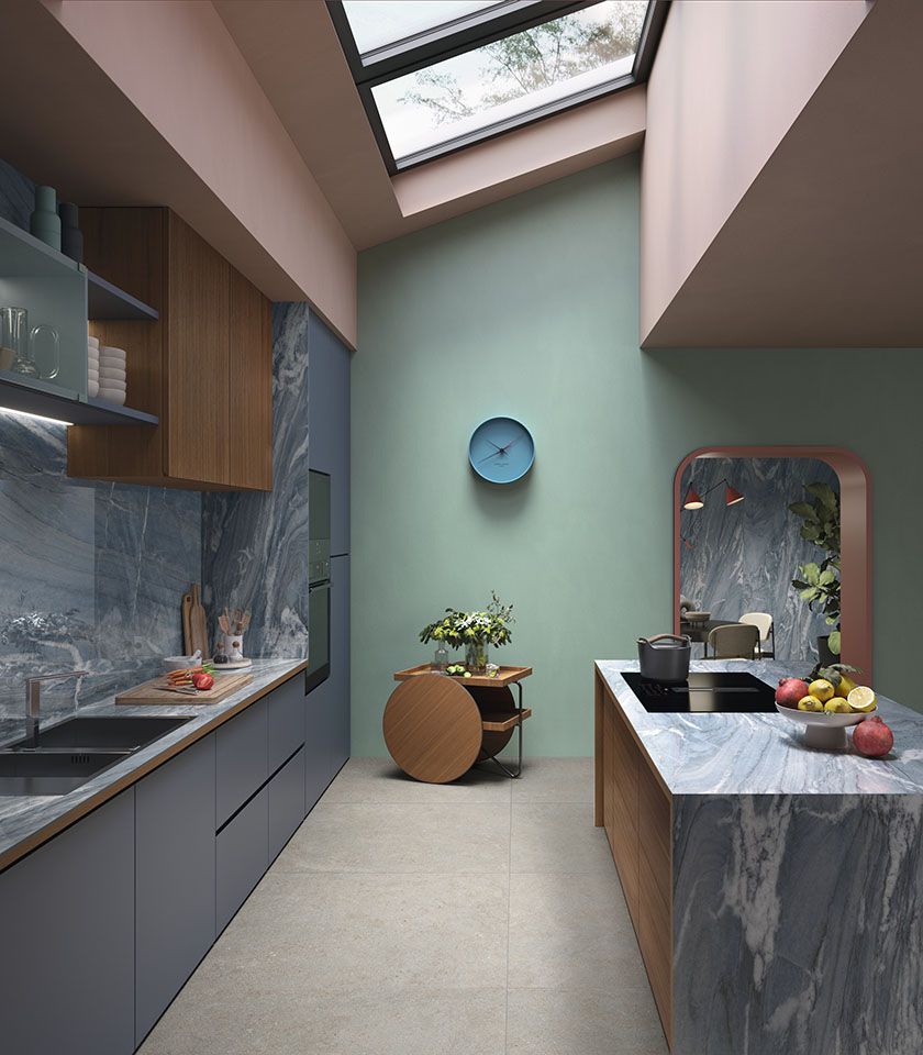 Contemporary kitchen featuring Noblesse Blue River and Intense Crete by Lea Ceramiche: marble- and concrete-effect surfaces for a sophisticated, tactile interior.