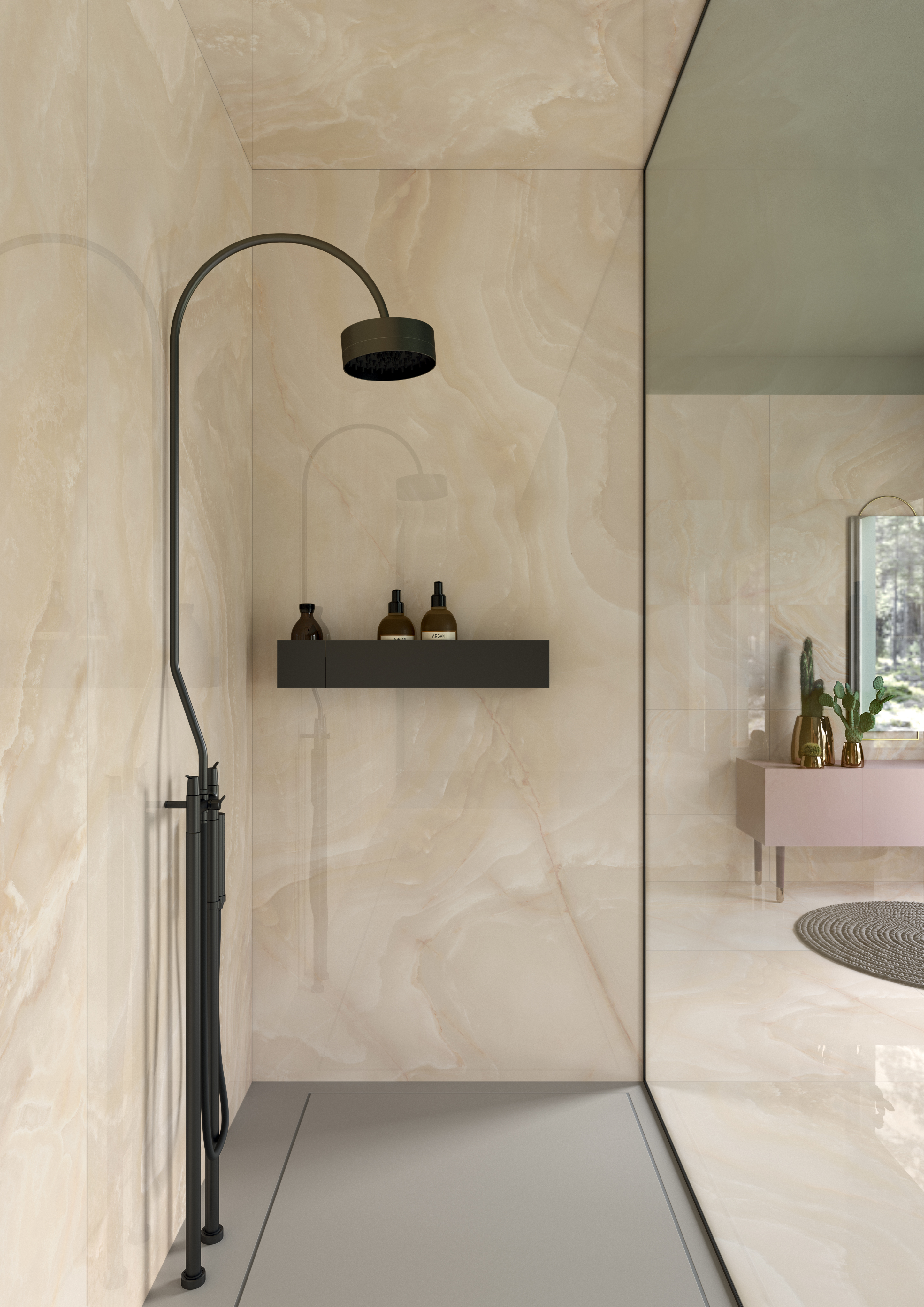 Contemporary bathroom featuring Noblesse Onyx Oyster by Lea Ceramiche: warm onyx-effect surfaces for a bright, elegant and enveloping interior.