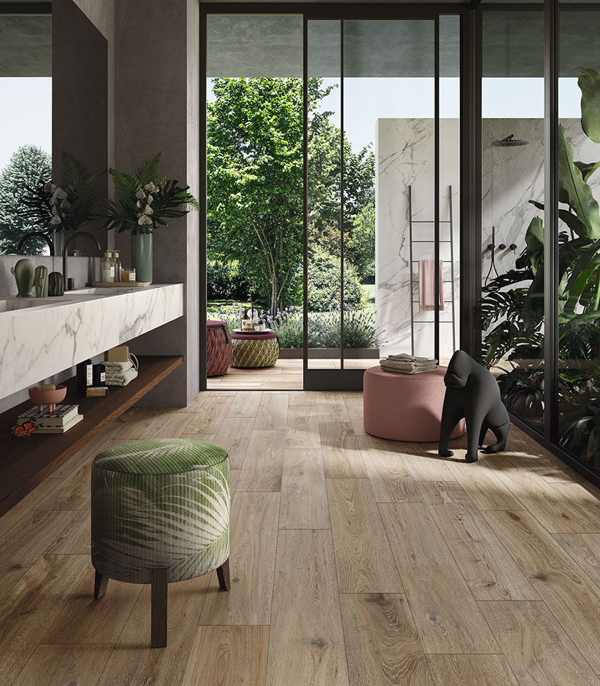 Contemporary bathroom featuring Bio Attitude Barrel and Noblesse Pure Statuario by Lea Ceramiche: wood- and marble-effect surfaces for an elegant, natural and bright interior.